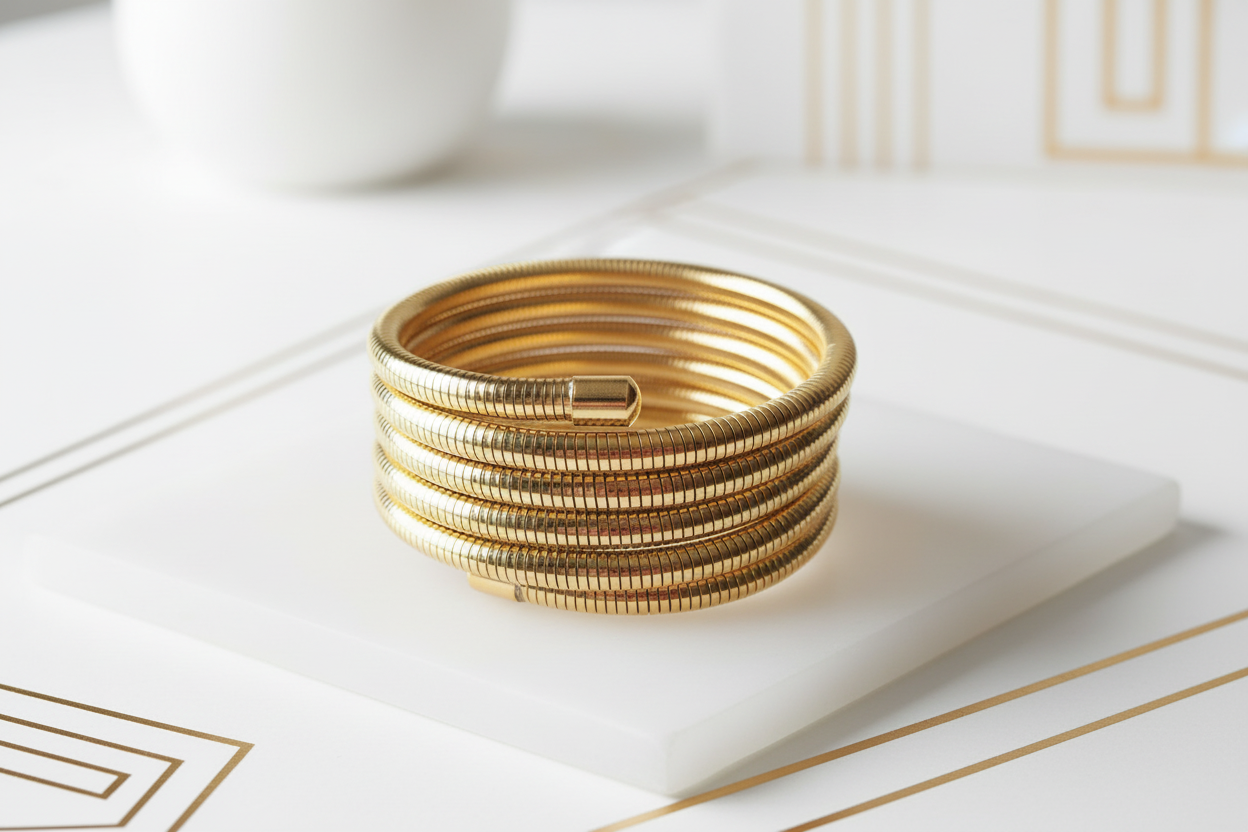 PVD gold plated wide wrap bracelet - water resistant hypoallergenic stainless steel jewelry