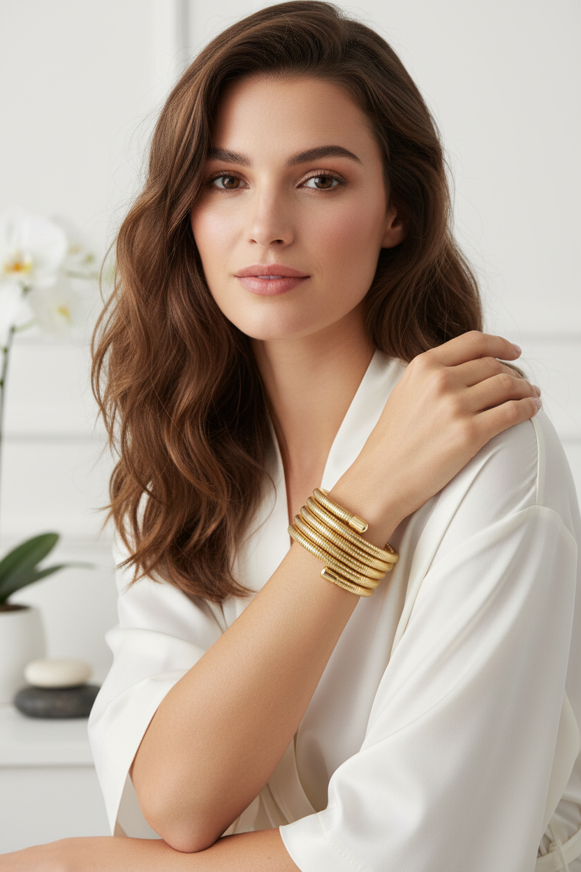 Wide gold wrap bracelet on wrist - women's luxury statement jewelry everyday wear