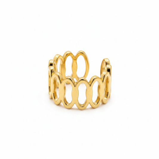 Wide oval geometric 18k PVD gold ring – adjustable open band – Ms Friesch
