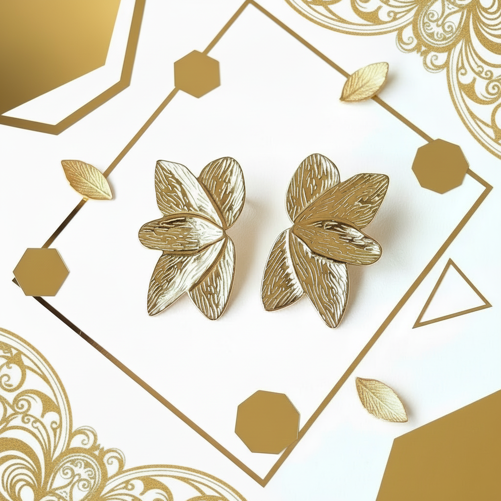 Close-up of 18k gold PVD flower stud earrings showing detailed petal design
